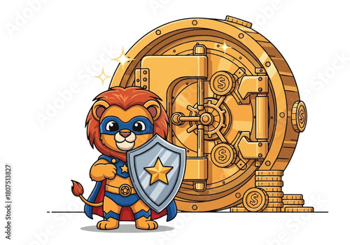 Cartoon lion mascot in superhero costume standing with shield and gold coins against a vault door on white background with warm tones