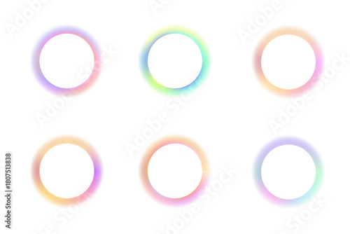 Set of blurry round frames. Circle shapes with pastel pink, orange, red, blue, green neon gradient borders isolated on white background. Abstract design elements with empty space. Vector illustration.