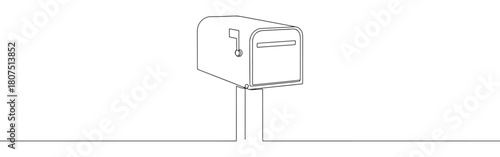 A continuous one-line drawing of a classic mailbox with its flag raised, set against a pristine white background