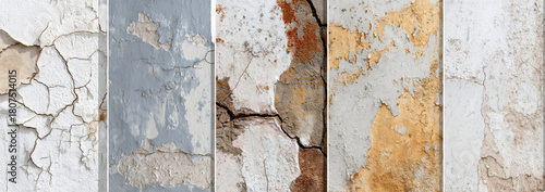 Peeling paint and deep cracks on weathered vertical surfaces