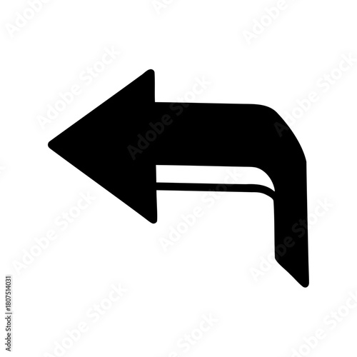 Curved black arrow pointing left and turning downwards icon. Vector, illustration