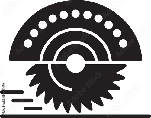 Industrial cutting tool graphic with rotating saw blade