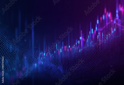 Abstract digital graph with glowing blue and pink bars on dark background.