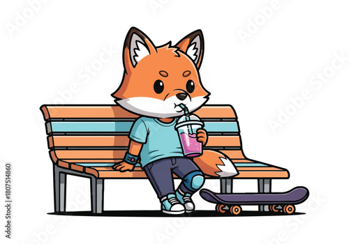 Illustration of a cartoon fox sitting on a park bench with a skateboard and drinking a beverage.