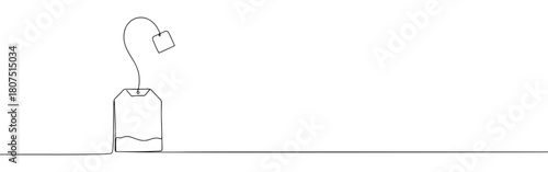 A continuous one-line drawing of a tea bag steeping in a cup, with another tea tag hanging above, against a white background