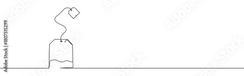 A continuous one-line drawing of a tea bag steeping in a cup, with another tea tag hanging above, against a white background