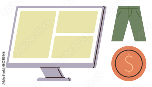 Desktop monitor displaying product layout, green pants illustration, and currency coin. Ideal for e-commerce, retail, finance, technology, fashion, marketing shopping apps simple flat metaphor