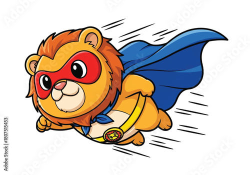 Cartoon lion wearing superhero costume with cape flying through air on white background