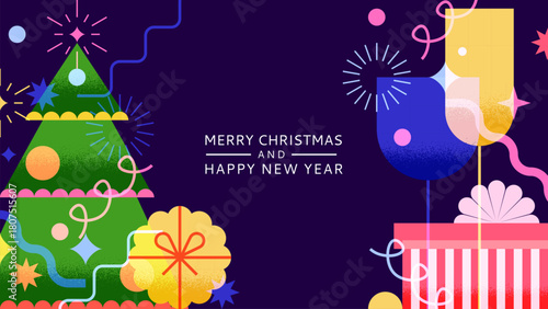 Vector holiday banner with Christmas tree, gifts, champagne glasses. Design for party invitation, greeting card, poster.