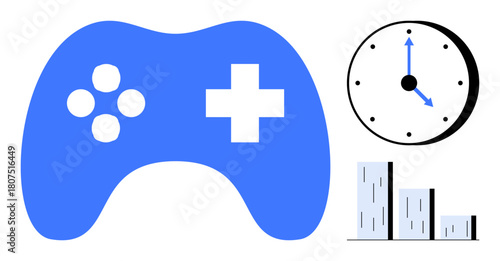 Game controller with directional and action buttons, a clock indicating time, and a bar chart. Ideal for gaming, time management, productivity, progress tracking, strategy, efficiency simple flat