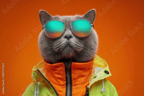 Cat in Oversized Windbreaker with Geometric Sunglasses – Fashion Concept