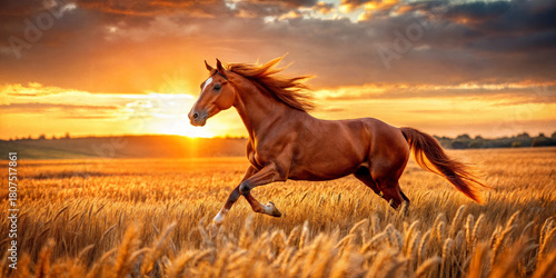A horse gallops across a field at sunset. Symbol of the New Year.
