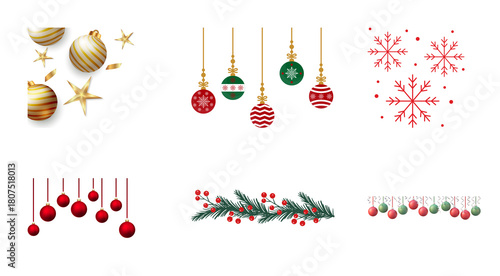 Monoline Gold Foil Christmas Snowflake, Christmas Decorations Flat Icon, Christmas Balls Illustration.