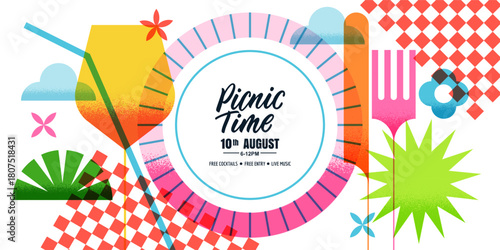 Vector picnic background with wine glass, plate, fork, knife and tablecloth. Design for party invitation, poster, menu