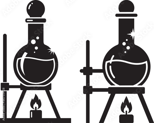 Two laboratory flasks heating silhouette