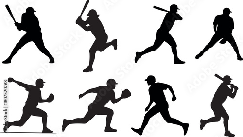 Baseball player silhouettes set showing batting, pitching, running, and fielding action poses