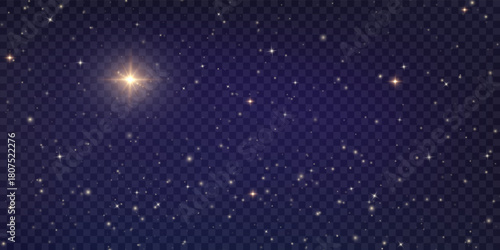 Vector Christmas starry night png. Shining night sky, dark space background with stars. Stardust in deep universe, galaxy. Vector Illustration isolated on transparent background.