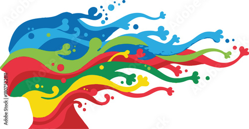 Vibrant abstract human head silhouette bursting with colorful paint splashes representing creativity and imagination isolated on white background