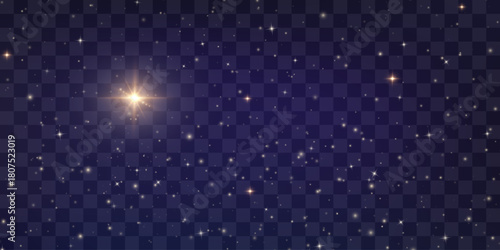 Vector Christmas starry night png. Shining night sky, dark space background with stars. Stardust in deep universe, galaxy. Vector Illustration isolated on transparent background.