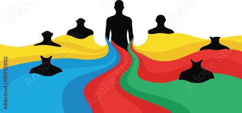 Silhouetted figures stand amidst vibrant abstract colorful waves symbolizing diversity unity connection and individuality isolated on white background