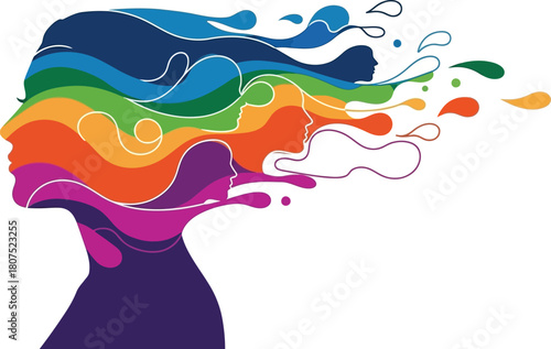 Abstract colorful silhouette profile of a woman with vibrant flowing hair representing creativity imagination and diverse thoughts isolated on white background