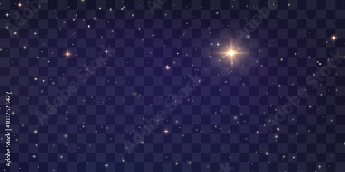 Vector Christmas starry night png. Shining night sky, dark space background with stars. Stardust in deep universe, galaxy. Vector Illustration isolated on transparent background.