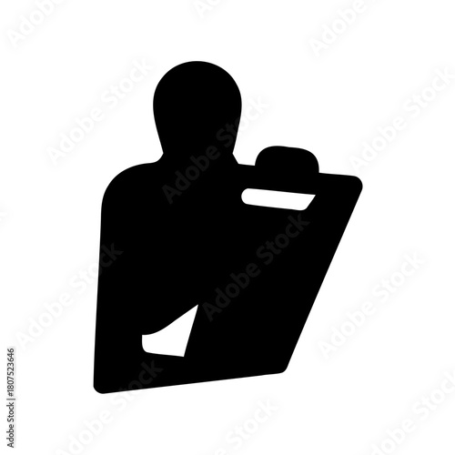 Black icon of person holding a clipboard with documents Vector, illustration