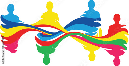 Diverse group of colorful people connected by a vibrant rainbow wave symbolizing unity diversity and community spirit abstract design isolated on white background