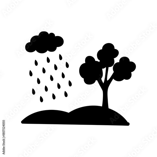 Cloud raining on a tree on small hill black silhouette Vector, illustration
