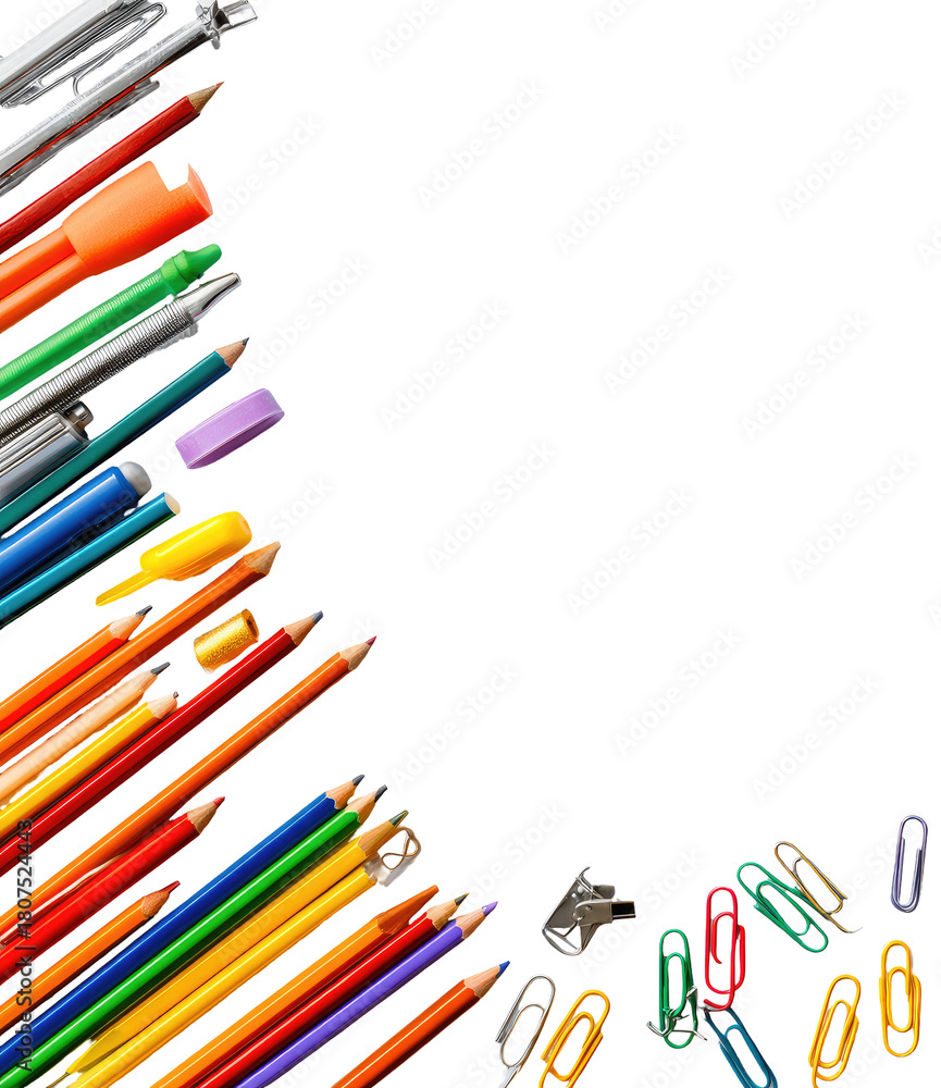 Fototapeta premium Colorful stationery items arranged in a corner