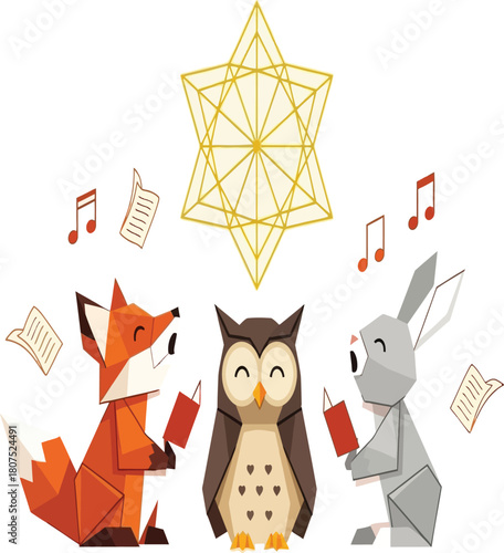 An origamistyle fox, owl, and rabbit sing carols beneath a geometric star, blending art and nature isolated on white background