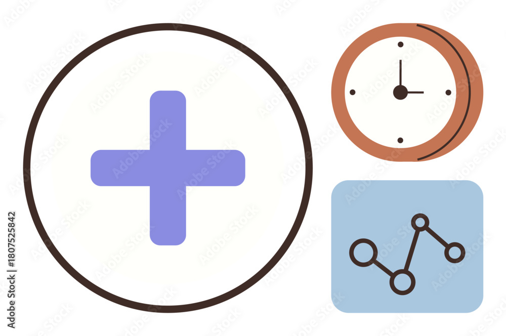 Fototapeta premium Blue medical cross, analog clock, and connected dots on a graph. Ideal for healthcare, time management, analytics, scheduling, productivity research planning. Simple flat metaphor