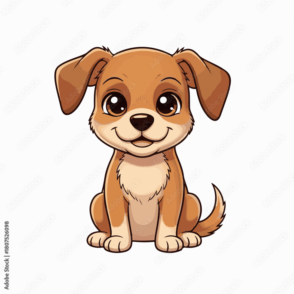 Obraz premium Cartoon dog portrait with cute expression standing on white background. Cartoon dog illustration showcasing adorable puppy with fluffy ears, gentle smile and puppy eyes on white background.