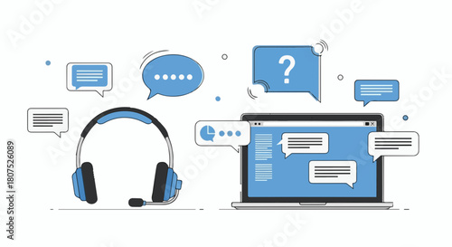 Laptop with customer service and headphones symbolize virtual assistance, showcasing call center support. Call center support and online communication are critical.