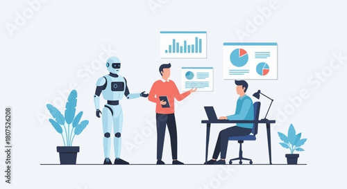 Exploring artificial intelligence implementation with robot assisting team, AI streamlines workflow processes.
