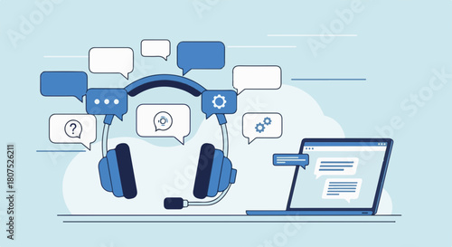 Customer support concept showing headphones and laptop with message bubbles, depicting assistance. Customer support includes online chat bubbles with icons of gears and question marks.