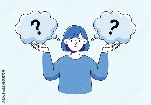 Young woman with short hair is confused and thinking about something and has a question mark in mind