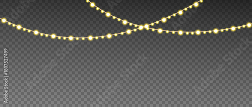 Soft warm yellow glowing string lights garland with varied bulb sizes on curved wires, festive illumination vector overlay for holiday, wedding, or celebration decoration on transparent background