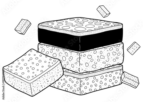 Stack of porous kitchen sponges for washing dishes. Eco-friendly cellulose cleaning pads. Black and white vector line art illustration for household hygiene.