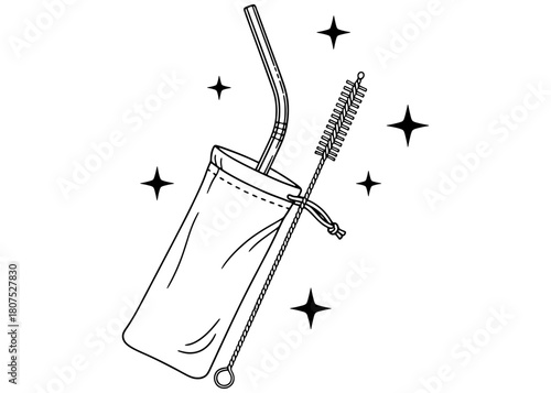  Reusable metal straw with cleaning brush and travel pouch. Zero waste eco-friendly drinking accessory. Black and white line art vector illustration.