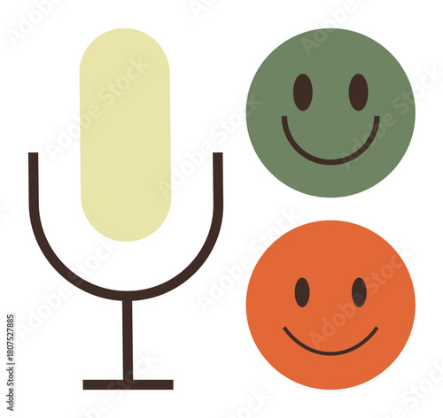 Microphone alongside green and orange happy faces symbolizing feedback, emotions, and voice expression. Ideal for communication, feedback, emotions, customer service, podcast, dialogue and empathy