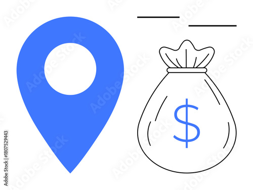 Blue location pin next to a money bag with a dollar sign, symbolizing monetary gain, business growth, and targeted investments. Ideal for finance, savings, economic planning, marketing, logistics
