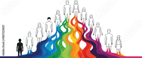 Diverse group of sketched figures emerging from a vibrant rainbow wave symbolizing unity creativity and individual expression in a cohesive collective. isolated on white background