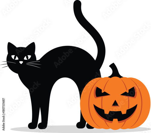 Spooky black cat and jack o lantern pumpkin for halloween celebration festive autumn holiday decorative element isolated on white background