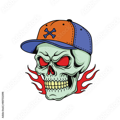 Skull with a baseball cap and flames mascot Logo, bold and vibrant illustration for t-shirt design.