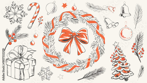 Illustration of christmas wreath with bow, gift box, christmas tree and other holiday themed elements