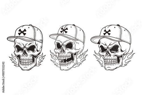 Three skulls with baseball caps set, Line art monochrome silhouette illustration for t-shirt design.