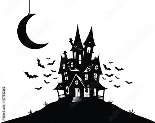 Haunted mansion silhouette under crescent moon with bats flying around on a spooky hill for halloween celebration and nighttime atmosphere isolated on white background