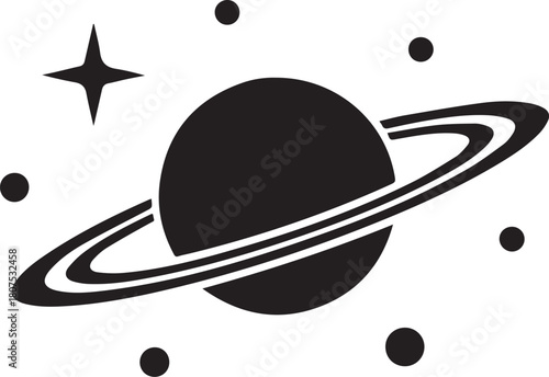 Cosmic Ringed Planet: A monochrome illustration of a planet with prominent rings, surrounded by celestial bodies like stars and smaller orbiting spheres.