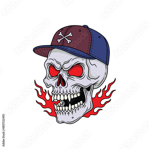Skull with a baseball cap and flames mascot Logo, bold and vibrant illustration for t-shirt design.